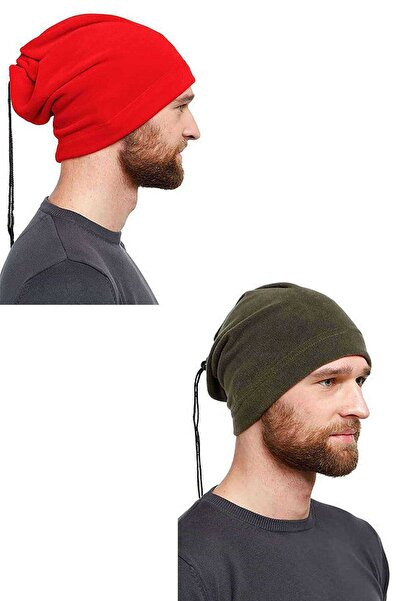 Royaleks 2 Pcs Fleece Drawstring Beanie and Neck Collar Red Green