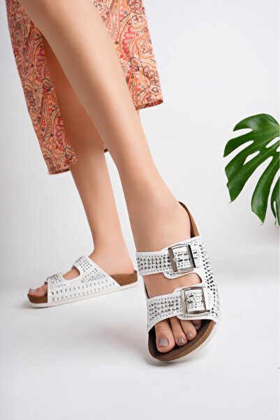 McDark Women's White Luxury Stone Cantar Slippers