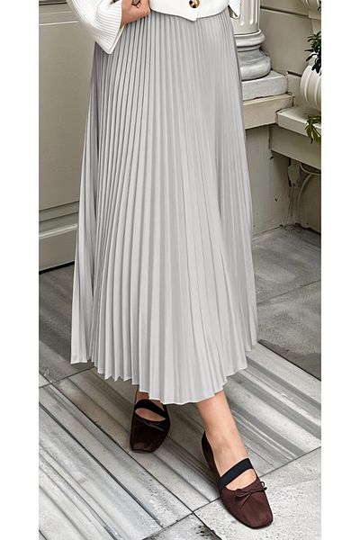 comstar Women's Basic High Waist Pleated Loose Gray Long Skirt