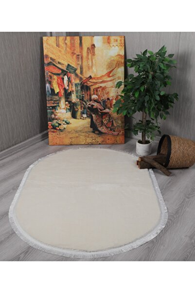 Myevilla My Evilla Modern Dekoratif Oval Spor Saçaklı Puffy Peluş Halı Yolluk