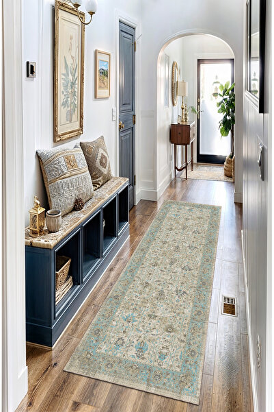 BigArts Home Vintage Etnik Desenli Kaymaz Taban Salon Mutfak Antre Halısı Yol...