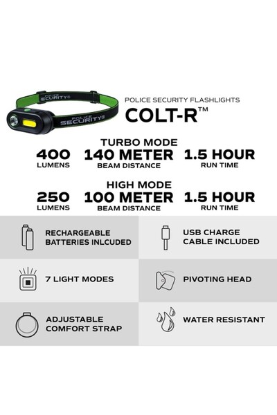 Police Security مصباح أمامي قابل لإعادة الشحن من Colt-R بقوة 400 لومن