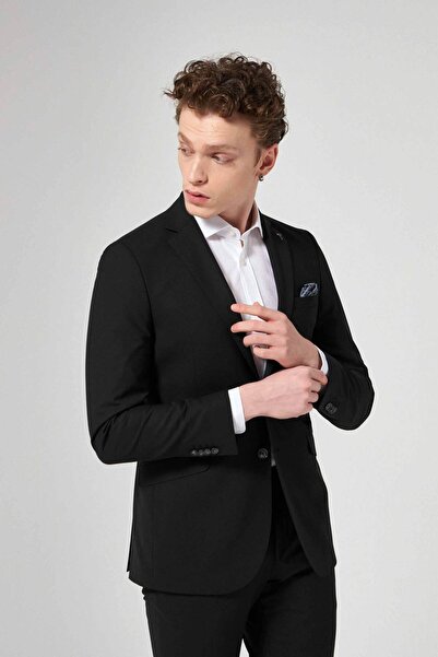 Tween Slim Fit Siyah Düz Yünlü Bi Stretch Takim Elbise