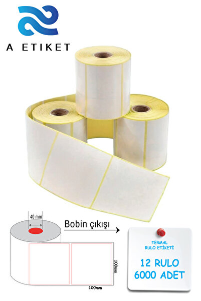 A Etiket Termal Barkod Etiketi 100x100mm 12 Rulo 500 Sarım