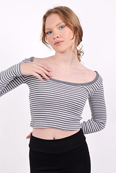 Rays 9904 Сив раиран топ с квадратна яка