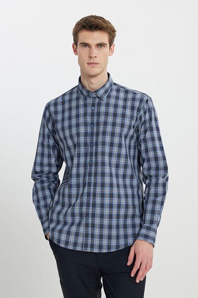 ALTINYILDIZ CLASSICS Men's Grey-Navy Comfort Fit Relaxed Fit Hidden Button Collar 100% Organic Cotton Checked Shirt