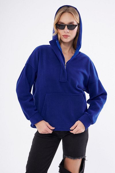 PONÇİK Women's Collar Zippered Hooded Oversi?ze Fleece Fabric Sweatshirt 23587-sax