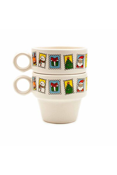 PALTO TASARIM Set of 2 Espresso Cups with New Year Postcard Design - New Year Themed Mug Cup