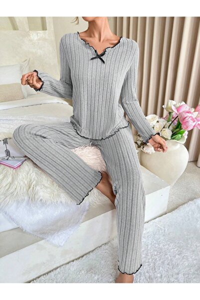 BELLA NOTTE Šedá bavlněná souprava na spaní s mašlí