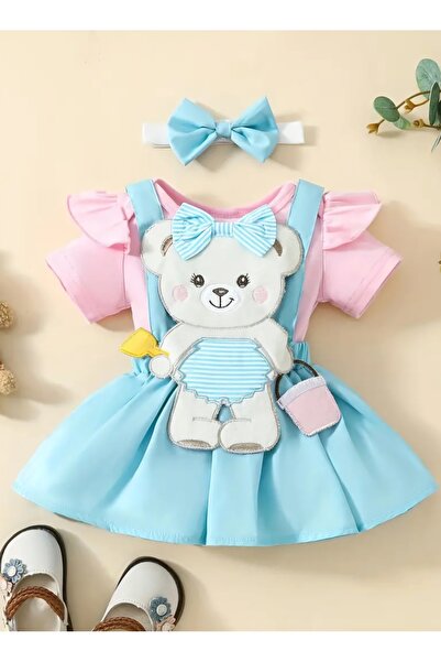 Beauty Box Cute Bear 12-18 Ay Askılı Ayıcık Etek Pembe Tulum ve Kurdele Saç B...