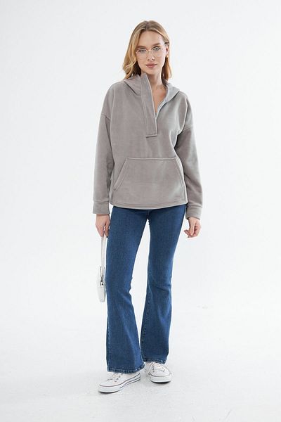PONÇİK Women's Zippered Hooded Oversi?ze Fleece Fabric Sweatshirt 23587-grey?