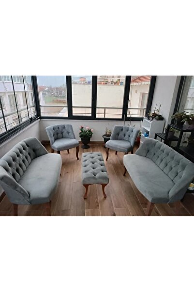 VENQM Gri Kazayagı Cay Seti Koltuk 2 2 1 1 Puf Hedye