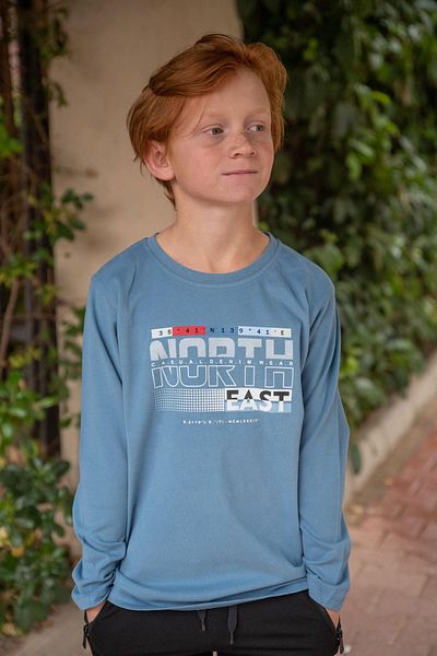 Breeze Tricou Indigo pentru băiat 6-12 ani - mânecă lungă și imprimeu cu text
