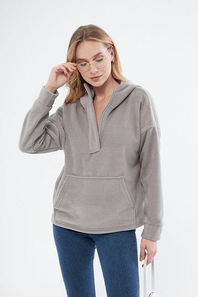 PONÇİK Women's Zippered Hooded Oversi?ze Fleece Fabric Sweatshirt 23587-grey?