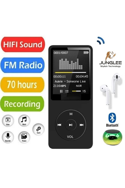 JUNGLEE 8GB DAHİLİ HAFIZALI BLUETOOTHLU MP3-MP4 ÇALAR FM RADİO DAHİLİ HOPARLÖR EKRANLI MÜZİK ÇALAR