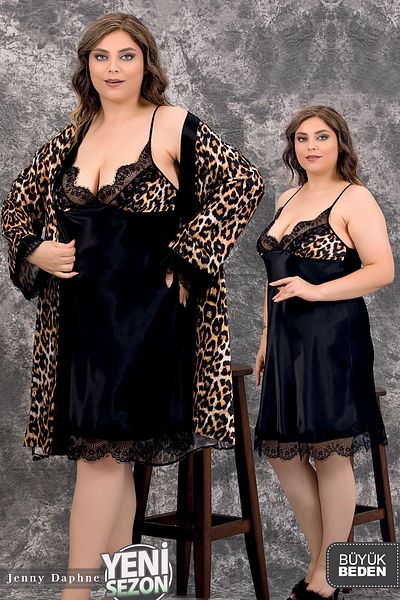 Jenny Daphne Λεοπάρ στάμπα Lace Up Plus Size 2 τμχ Μαύρο μακρύ νυχτικό και ρόμπα φόρεμα 16138