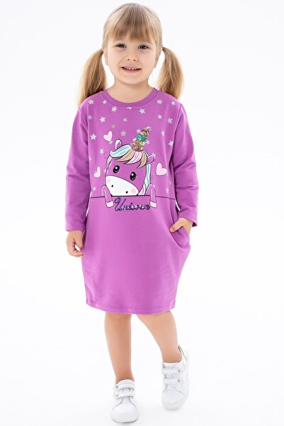 Breeze Kız Çocuk Tunik Baskılı Pullu Unicorn 1.5-5 Yaş, Mor