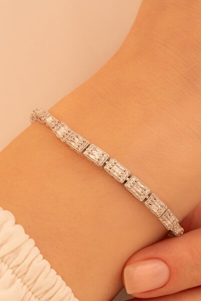 OSMANLI GÜMÜŞ Kadın Gümüş Bileklik - Dilruba Baget Taşlı Kare Model Kalın Kad...