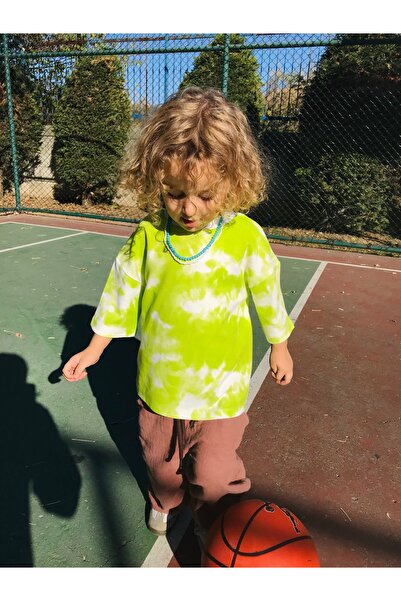 DİVİSTA Unisex Çocuk Yeşil Renk Batik Desenli Kısa Kol T-Shirt