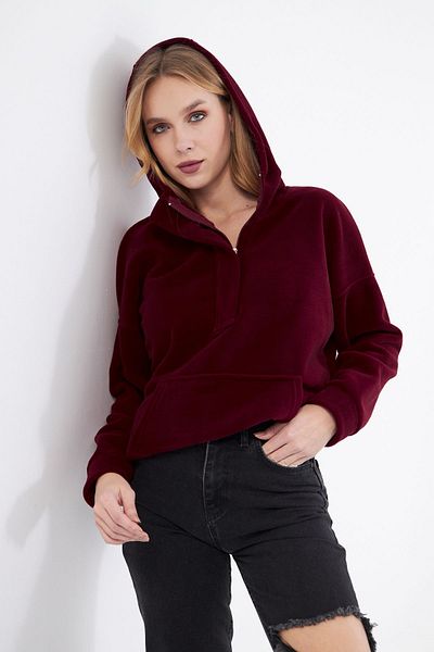 PONÇİK Women's Collar Zippered Hooded Oversi?ze Fleece Fabric Sweatshirt 23587-burgundy