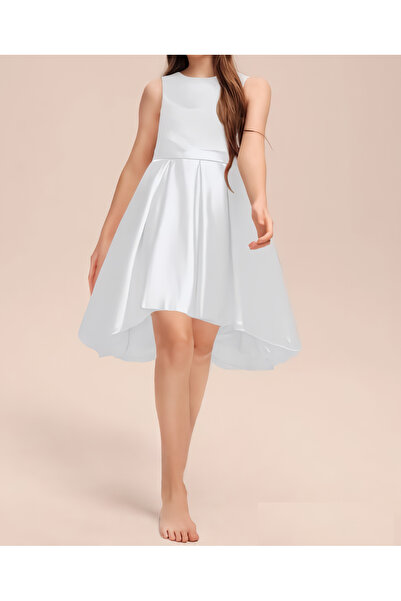 HSNLİFE Beyaz Zarif Kısa Asimetrik Kız Çocuk Elbise Doğum Günü Balo Mezuniyet Elbise
