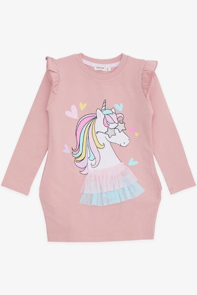 Breeze Kız Çocuk Uzun Kollu Elbise Unicorn Baskılı 1.5-5 Yaş, Gülkurusu