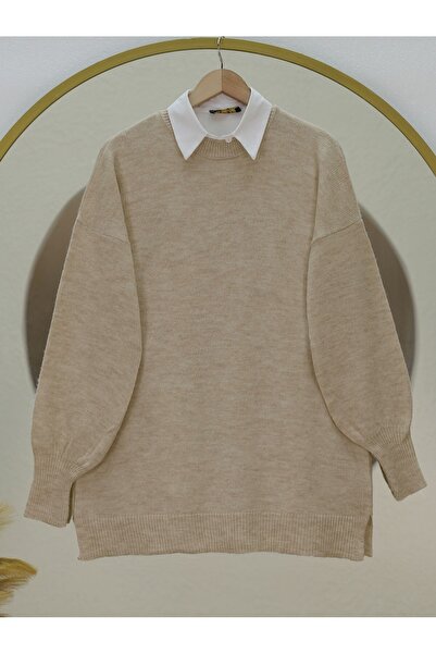 Modamorfo سترة تريكو كاجوال بأكمام بالون وياقة دائرية - مينك