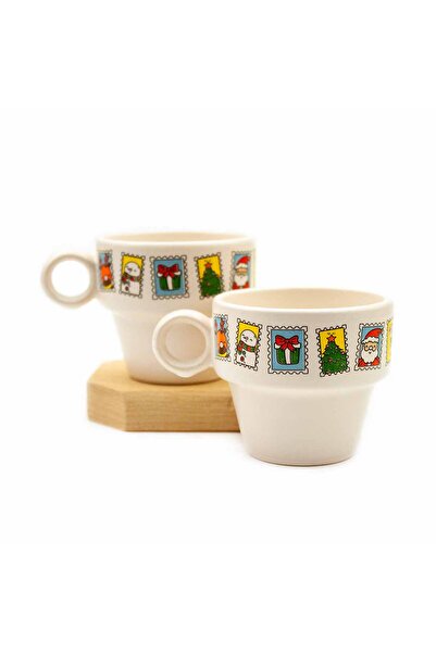 PALTO TASARIM Set of 2 Espresso Cups with New Year Postcard Design - New Year Themed Mug Cup