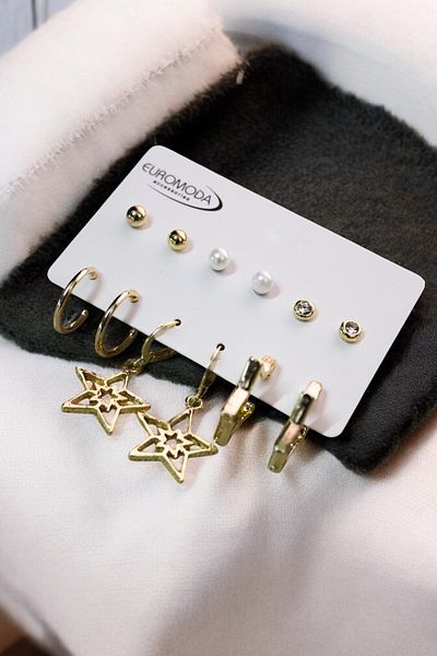 EUROMODA Star Design 6-Piece Earring Set with Pearl Ball Hoop and Solitaire Earrings