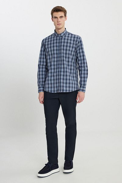 ALTINYILDIZ CLASSICS Men's Grey-Navy Comfort Fit Relaxed Fit Hidden Button Collar 100% Organic Cotton Checked Shirt