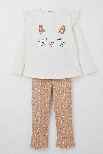 Breeze 1.5-5 Years Old Girl's Floral Patterned Cute Animal Set - Ecru