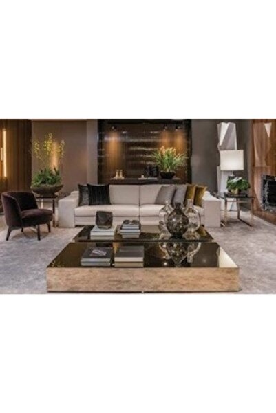 LUXURY VİLLA Luxury Bronz Aynalı 2 Adetten Oluşan Orta Sehpa 120x120 Yüksekli...