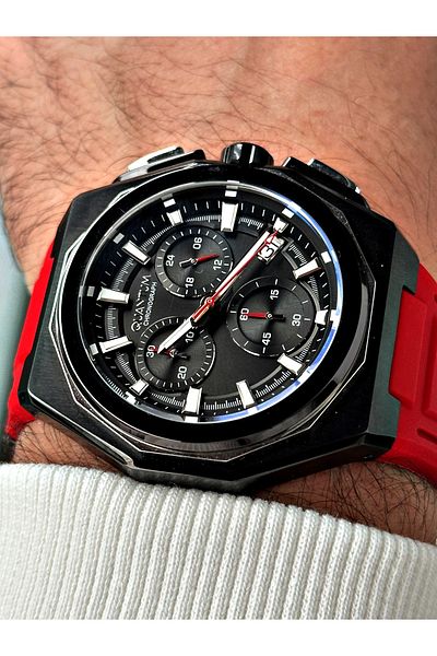 Quantum Function Red Color Silicone Cord Steel Case Men Wrist Watch 1078.658