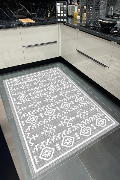 Bordo Halı GRİ BEYAZ Yıkanabilir Kaymaz Taban Halı Salon Dekor Yolluk Koridor...