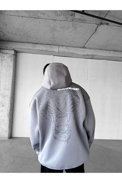 ablukaonline Γκρι Unisex Oversize Savage εμπριμέ Premium φούτερ με κουκούλα