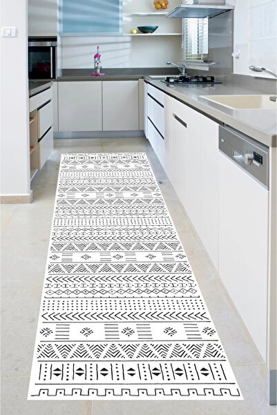 Bordo Halı BEYAZ SİYAH Yıkanabilir Kaymaz Taban Halı Salon Dekor Yolluk Koridor Mutfak Halısı