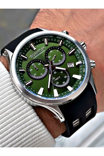 Quantum Functions Active 10 Atm Waterproof Black-Green Color Steel Case Men's Wristwatch 1020.357