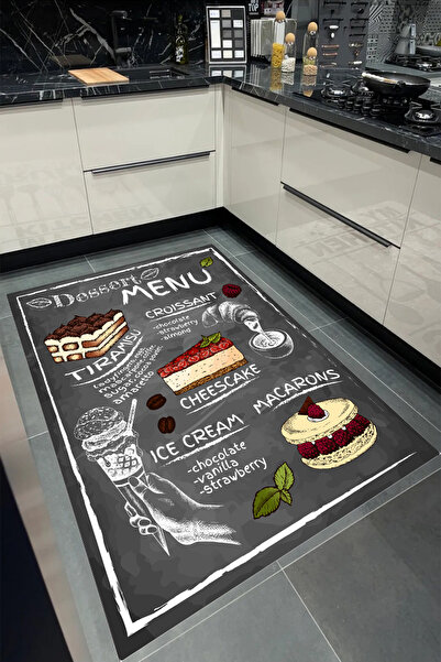 Bordo Halı SİYAH Mutfak Halısı Yıkanabilir Kaymaz Taban Halı Salon Dekor Yoll...