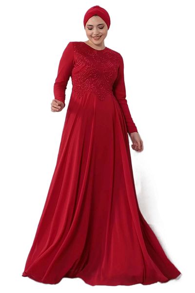 PHELDA Embroidery Detailed Hijab Evening Dress 688-red