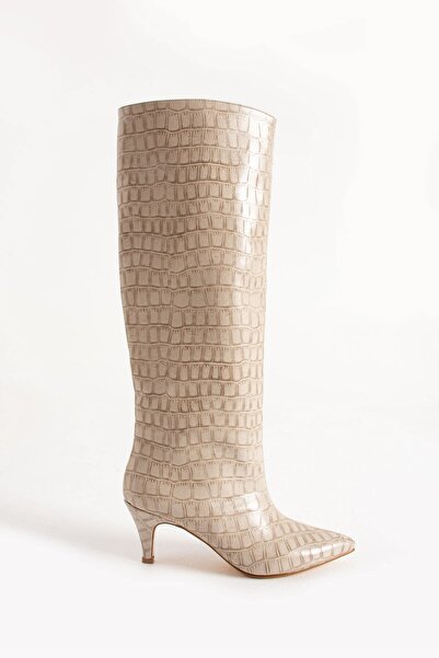 Seniorah Γυναικείες μπότες με τακούνι Style Cream Crocodile