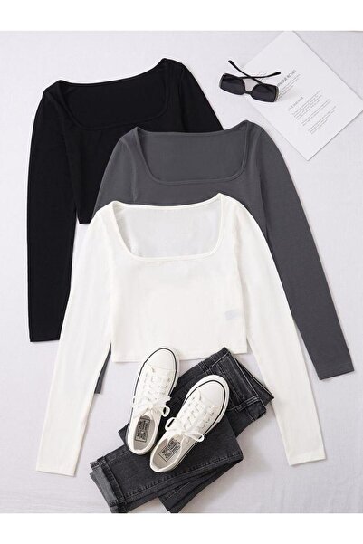 Lorya Giyim Kadın %100 Pamuklu Örme  Fitilli Kare Yaka Kaşkorse  Uzun Kollu Crop Bluz