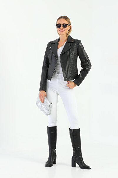 Basics&More سترة جلدية سوداء لراكبي الدراجات النارية - Wbiker