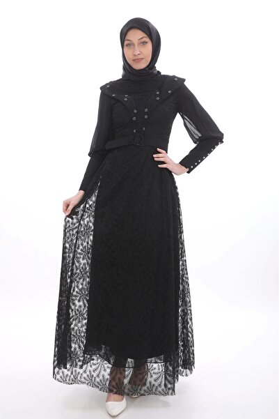 PHELDA Taş Ve İnci Deteylı Güpür Tesettür Elbise 721-Siyah