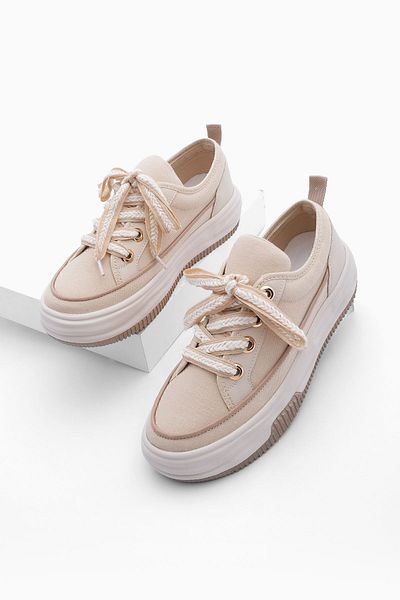 Marjin Damen Sneakers mit hoher Sohle aus Leinenstoff, Schnürschuhe, Sportschuhe, Hesna, Beige