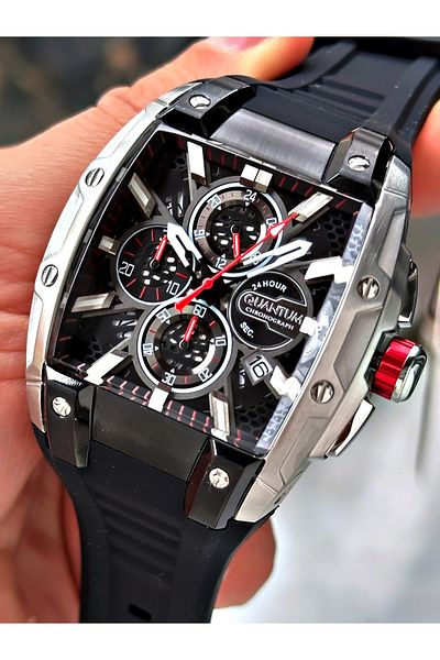 Quantum Function Black Color 5 Atm Waterproof Silicone Cord Steel Case Men Wrist Watch 1161