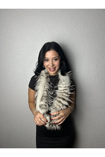 yosma Kürk Atkı Boyunluk Kurk Atki Kaskol Kaşkol Beyaz Gri