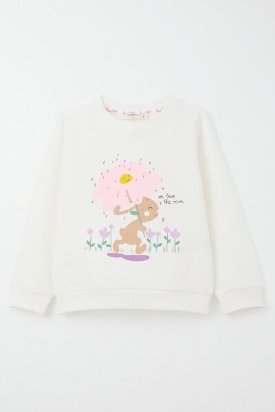 Breeze Rain Themed Girl's Tracksuit Set - Cute Rabbit Printed, 1-4 Years Old, Ecru