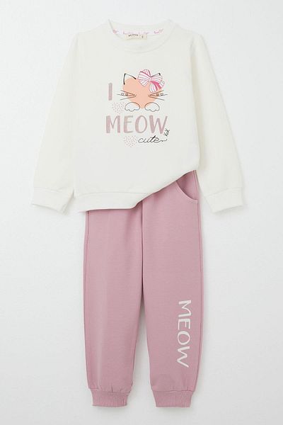 Breeze 1.5-5 Years Old Girl's Tracksuit Set - Cute, Cat Printed Bow, Ecru