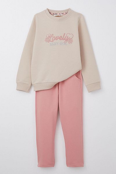 Breeze 1-4 Years Old Love Themed Lettering Embroidered Girl's Tracksuit Set - Beige
