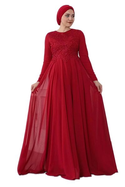 PHELDA Embroidery Detailed Hijab Evening Dress 688-red